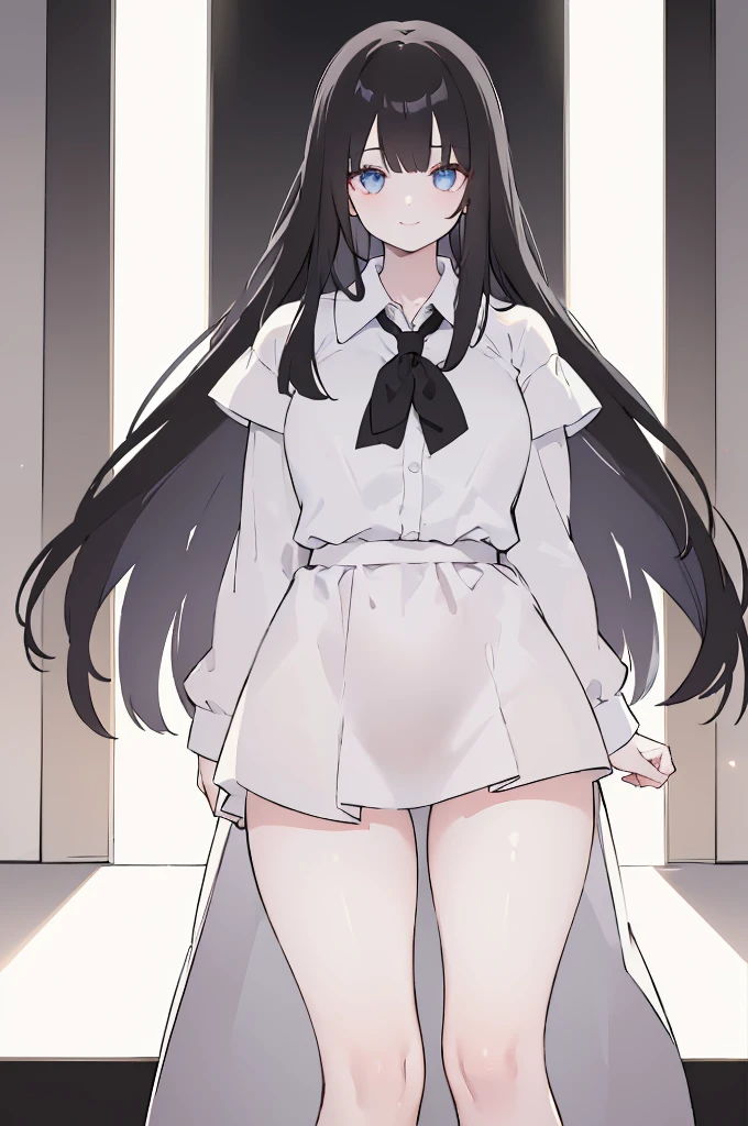 masterpiece, 8K, Detailed face, best quality, Must be created as described,  (1 girl, alone, 158cm), (Black hair, long hair, Straight Hair, Bangs), (innocent, Big blue eyes like diamonds), (fair skin), (Wearing a simple white shirt, Shirt length no longer than thigh), (Black panties, Low waist style, Show your thighs), (White Crocs, Heightening style), (Has black leather collar, Attached to a chain), (The expression looks shy, but with a smile), (light black background, whole body, Facing the audience, Stand Up Straight, symmetry)