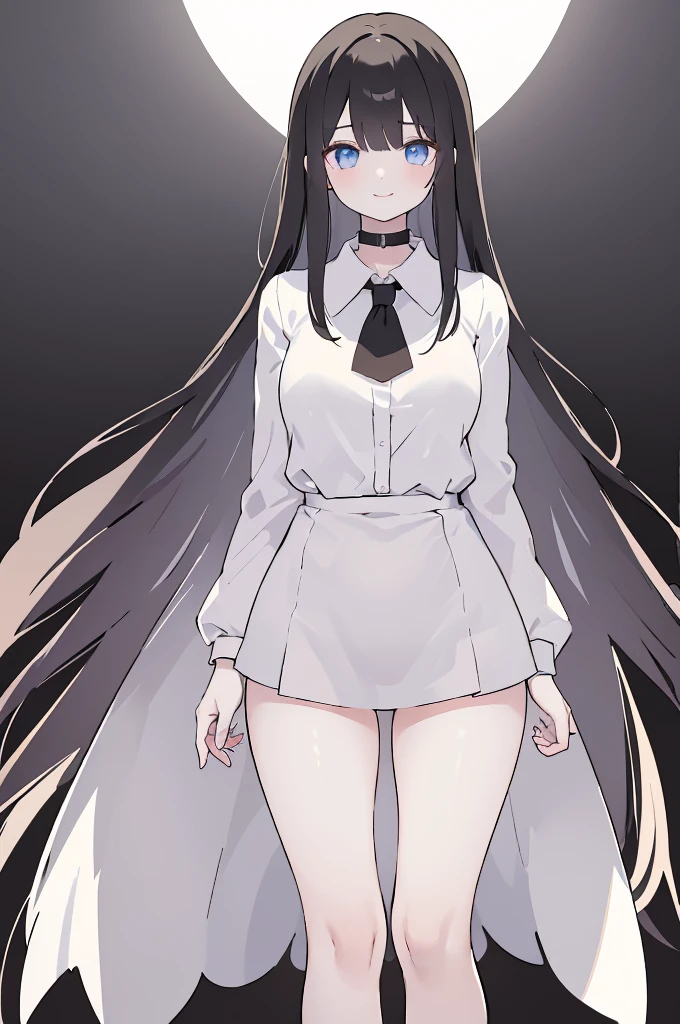 masterpiece, 8K, Detailed face, best quality, Must be created as described,  (1 girl, alone, 158cm), (Black hair, long hair, Straight Hair, Bangs), (innocent, Big blue eyes like diamonds), (fair skin), (Wearing a simple white shirt, Shirt length no longer than thigh), (Black panties, Low waist style, Show your thighs), (White Crocs, Heightening style), (Has black leather collar, Attached to a chain), (The expression looks shy, but with a smile), (light black background, whole body, Facing the audience, Stand Up Straight, symmetry)