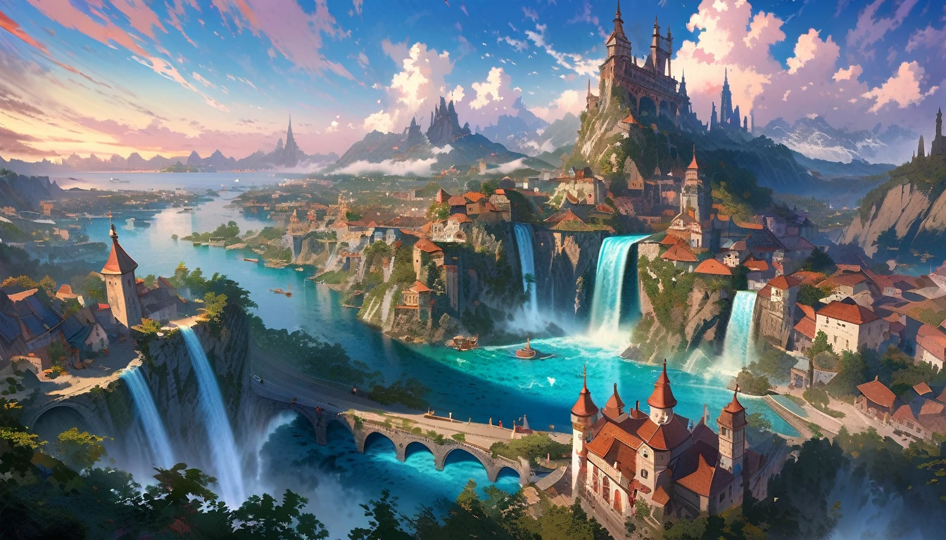 Alpha view of a waterfall with a tower and blue sea in the background., fantasy painting,Cute, landscape,, avatar landscape, matte painting, incredible city over the sea,