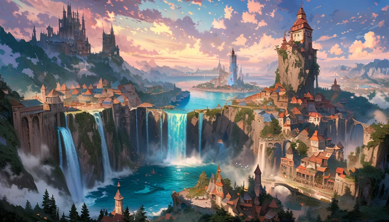 Alpha view of a waterfall with a tower and blue sea in the background., fantasy painting,Cute, landscape,, avatar landscape, matte painting, incredible city over the sea,