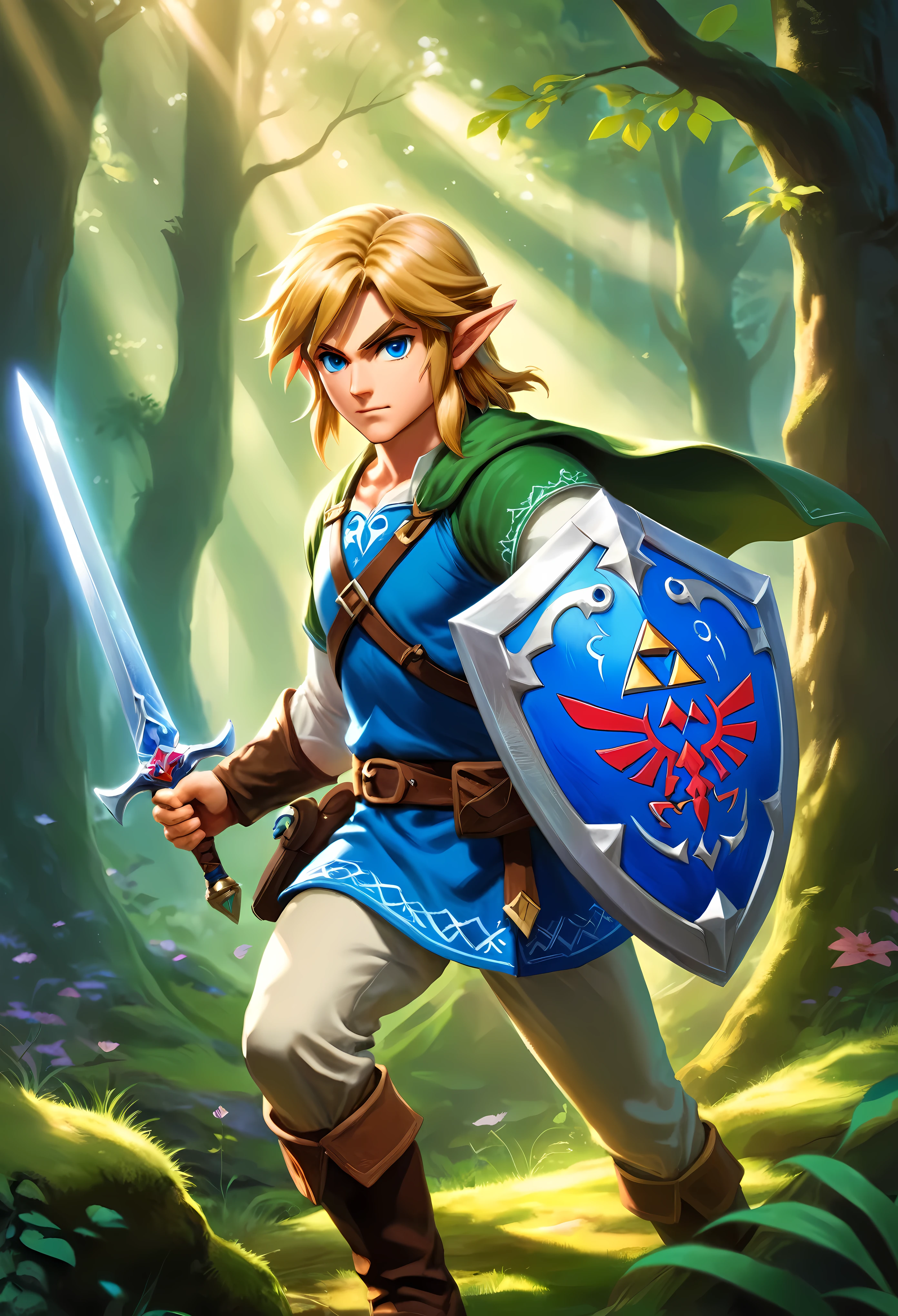 Create a breathtaking, ultra-high-definition image in 16K resolution that captures the essence of high fantasy and adventure, inspired by the creator's original art style from The Legend of Zelda. | Visualize Link, the iconic hero, with his signature green tunic, brown boots, and leather gauntlets. His blonde hair should be slightly tousled, and his determined blue eyes should reflect both his courage and readiness for the journey ahead. Link's ears are pointed, adding to his elf-like appearance, and his expression is one of focus and bravery. | He is equipped with his Master Sword and Hylian Shield, both meticulously detailed to highlight their legendary status. The backdrop is a lush, enchanted forest bathed in the soft glow of twilight, with rays of light filtering through the dense canopy, casting ethereal shadows and highlights. The scene should include subtle elements from the Zelda universe, like faintly glowing ruins or distant, mystical creatures, adding depth and a sense of magic to the environment. | Capture Link in a dynamic pose as he stands on a moss-covered rock, ready for battle. The camera angle is slightly low, emphasizing his heroic stature and the readiness in his stance. His muscular arms and the firmness of his grip on the sword portray his strength and determination. Strategic lighting illuminates his face and armor, casting a heroic glow that highlights the details of his outfit and the textures of his surroundings. The overall ambiance should integrate vibrant colors and rich details, creating a sense of depth and immersion in the fantasy world. Ensure anatomical correctness, with a focus on ultra-detailed textures and high-quality rendering, capturing every nuance of Link's appearance and gear in stunning clarity. This masterpiece should embody the spirit of adventure and heroism, immersing viewers in its lifelike depiction.| ((anatomical correctness)), ((perfect_composition, perfect_design, perfect_layout, perfect_detail, ultra_detailed)).