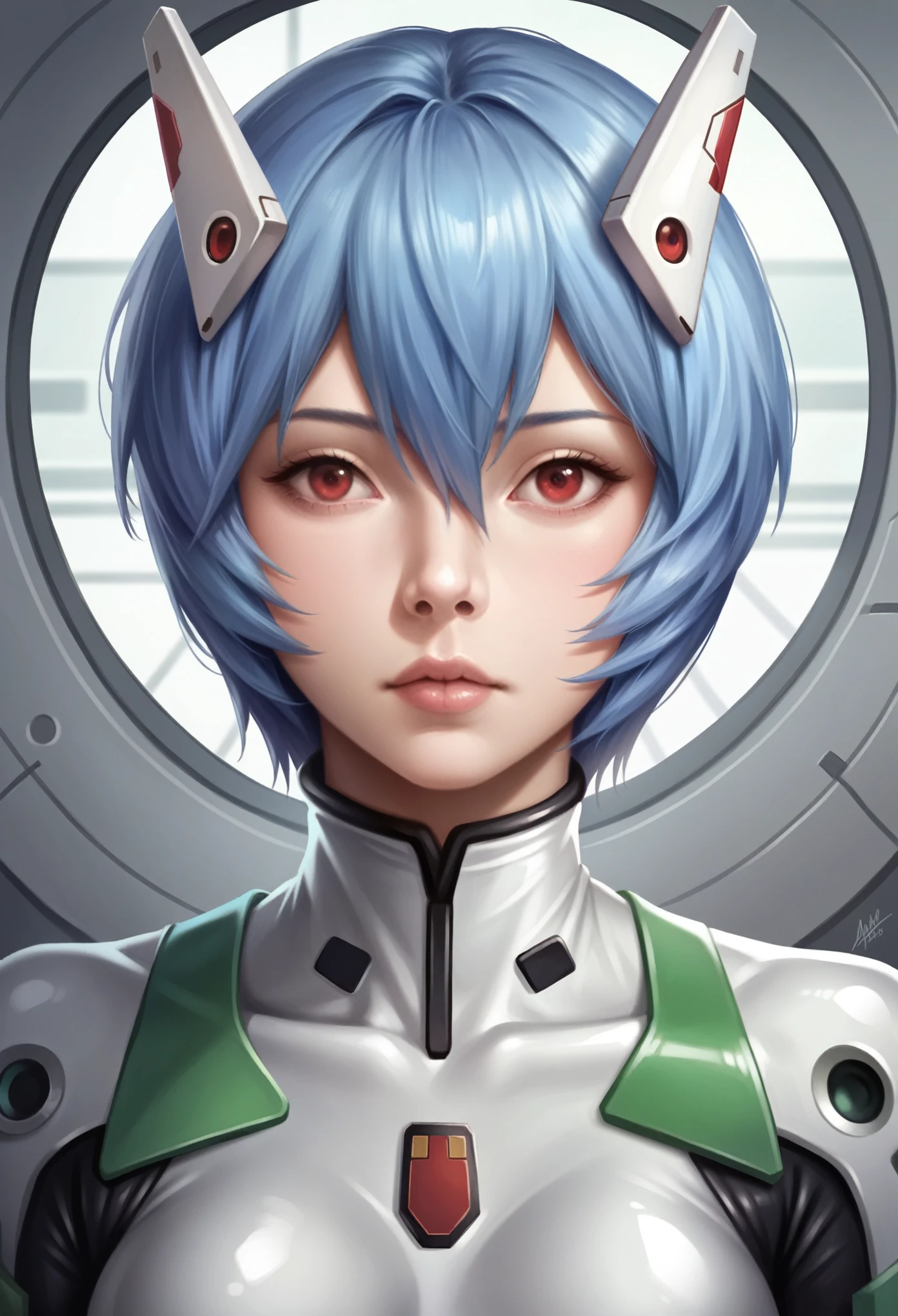 animetoreal,soft light, masterpiece, best quality,high quality,delicate face, realistic,photorealistic,1girl,
Ayanami Rei,white bodysuit,red eyes,pilot suit,short hair,blue hair,bangs,interface headset,turtleneck,hair between eyes
