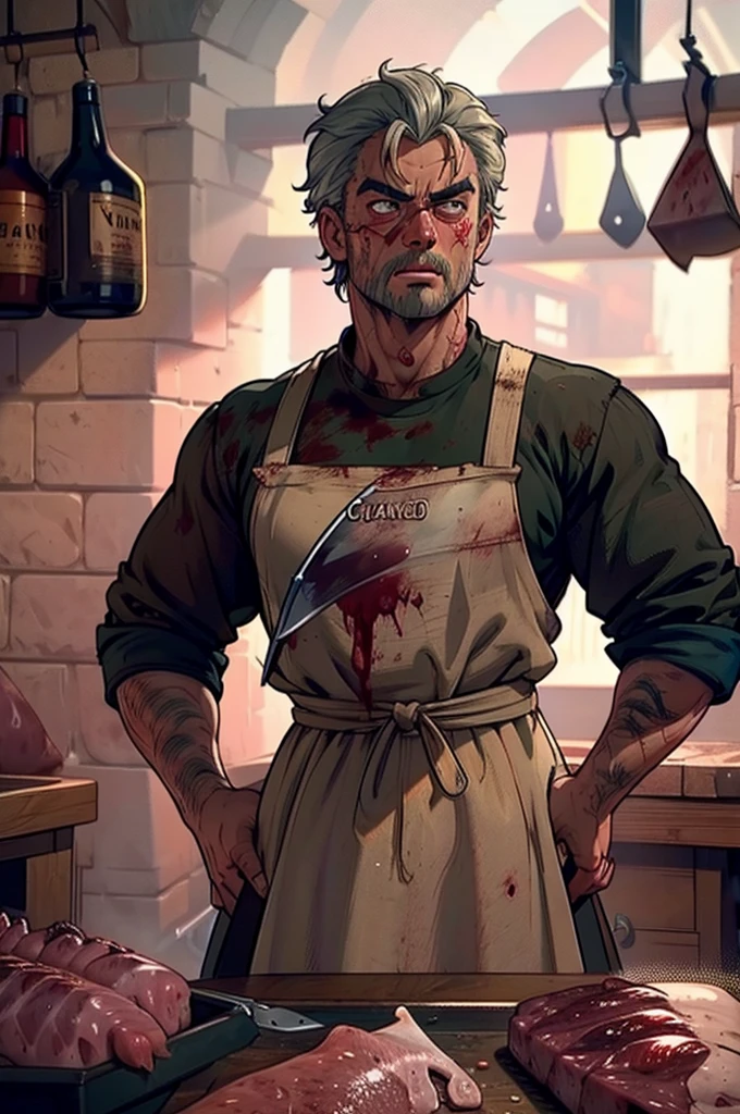 realistic detailed butcher, 1 male, detailed facial features, realistic skin texture, detailed clothing, apron, holding meat cleaver, meat hanging in the background, blood stains, dimly lit environment, dramatic lighting, gritty, dark, cinematic, muted colors, moody atmosphere