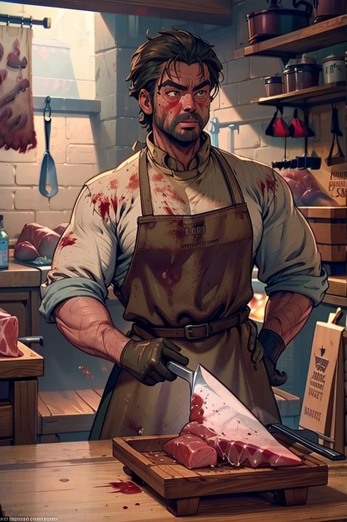 realistic detailed butcher, 1 male, detailed facial features, realistic skin texture, detailed clothing, apron, holding meat cleaver, meat hanging in the background, blood stains, dimly lit environment, dramatic lighting, gritty, dark, cinematic, muted colors, moody atmosphere