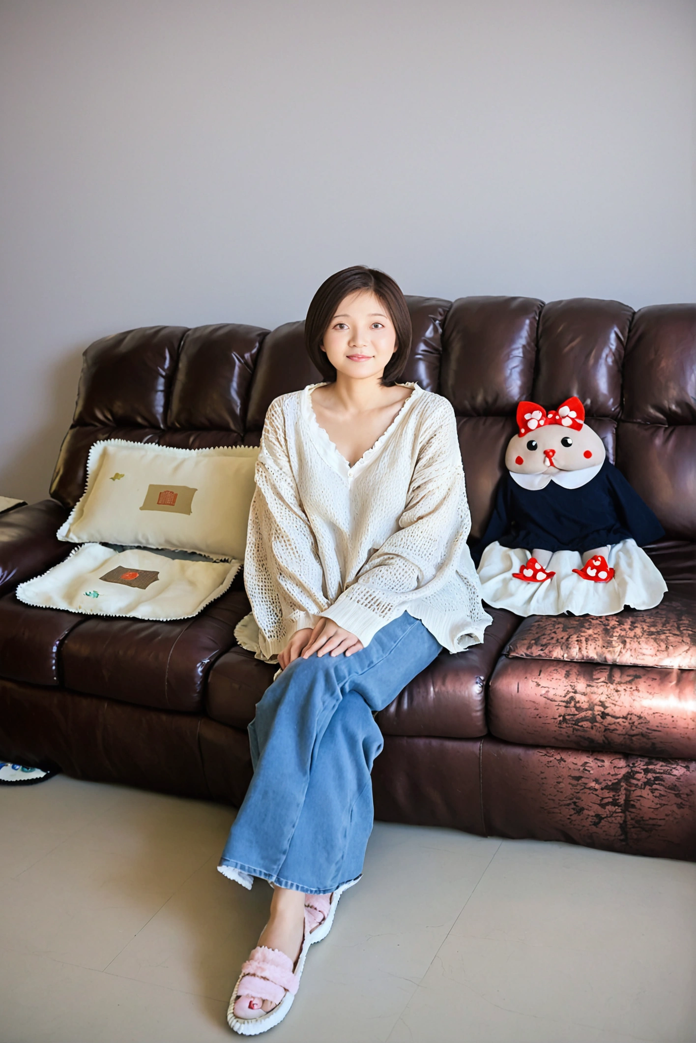 Beautiful Korean Woman , 32 inch chest size, Your eyes are big and pretty. Wearing a high-end luxury brand blouse and cardigan, Casual jeans, short medium hair, Smile. sit on the sofa , uhd