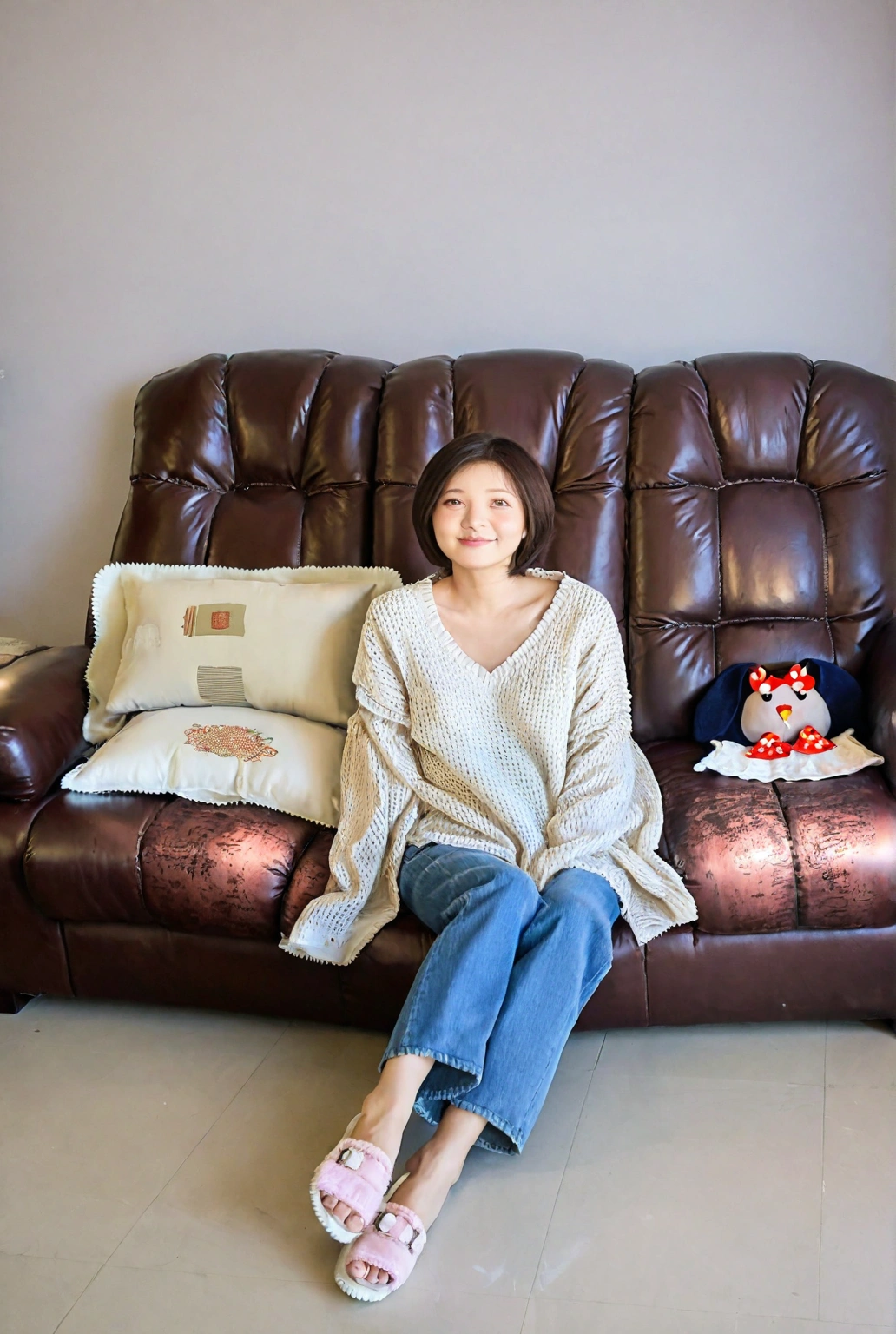Beautiful Korean Woman , 32 inch chest size, Your eyes are big and pretty. Wearing a high-end luxury brand blouse and cardigan, Casual jeans, short medium hair, Smile. sit on the sofa , uhd