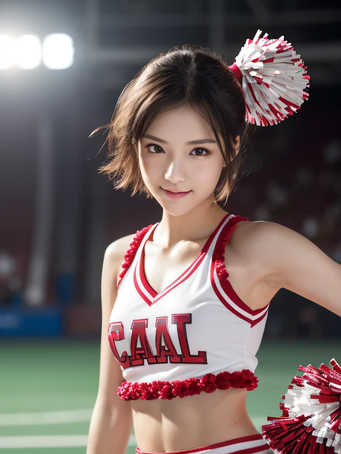 (Holding a pompom:1.3), (Strike a pose:1.3), (beautiful girl:1.3), (17 years old), (Highest quality:1.4), (Very detailed), (Very detailed美しい顔と目), (Sweat:1.2),Symmetrical eyes, (Dance 1.5), (Look Away:1.5), (Cheerleader Costumes:1.3), smile, Open your mouth, White skin, Great face, iris, Short Bob Hair, (Skinny body type:1.2), (Flat Chest:1.2),Smooth, Very detailed CG synthesis 8k wallpaper, High-resolution RAW color photos, Professional photography, Light, BackLight, dream-like, impressive, Written boundary depth, Basketball court,There are some cheerleaders behind me., Cowboy Shot, (Close-up of face:1.2)