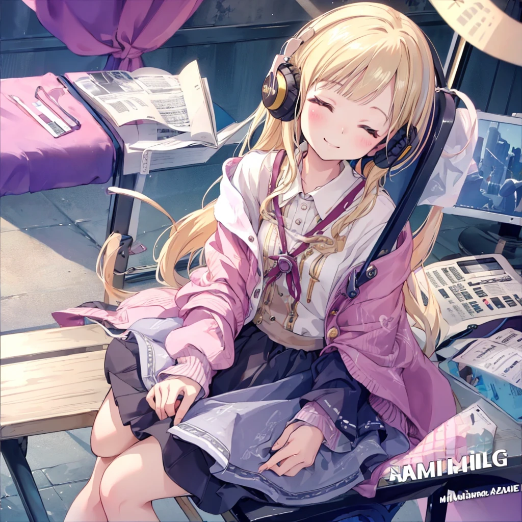 (Highest quality)、(masterpiece:1.2)、(colorful:0.9)、(Color Scattering)、(Watercolor)、Sharp focus shots, High resolution, (Anime Style:1.1), ) ((Highest quality)), (Very detailed), (beautiful), alone, beautiful face、12 years old、(Sitting on a chair in the room、He is wearing headphones and listening to music with his eyes closed, looking happy.、Detailed drawing of a cute girl:1.3)、Cute clothes、(Long, shiny, vibrant blonde hair:1.2),colorful eyes,dramatic,、(mini skirt)、Esbian all over、pastel colour