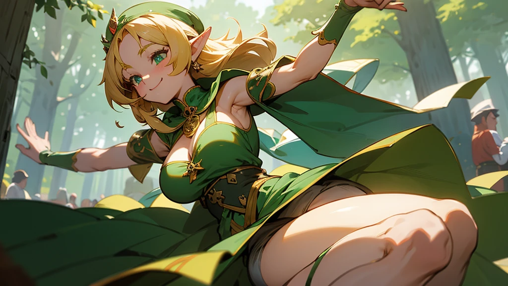 Anime Style,Nostalgic,A detailed background with many people,The medieval world,A palace like a forest,Smiling dancing elf girl,Large Breasts,Healthy thighs,Underarm
