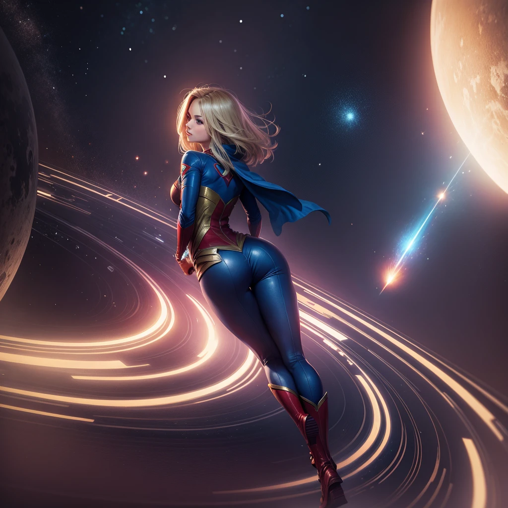 The character Supergirl flying in the space, upturned buttock, beautiful anatomy, perfect costume, back angle view