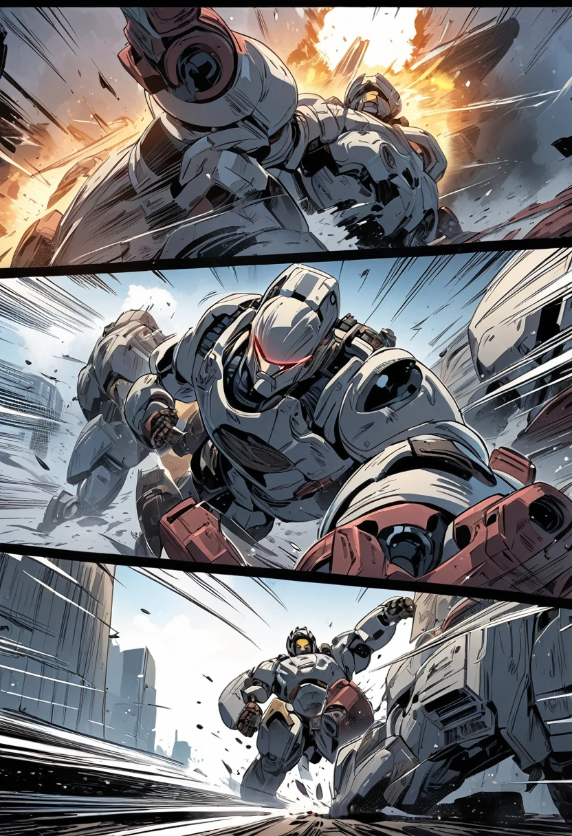 masterpiece, best quality, extremely detailed, ((Manga comic style)), ((cartoon comic page)), Robots Fight