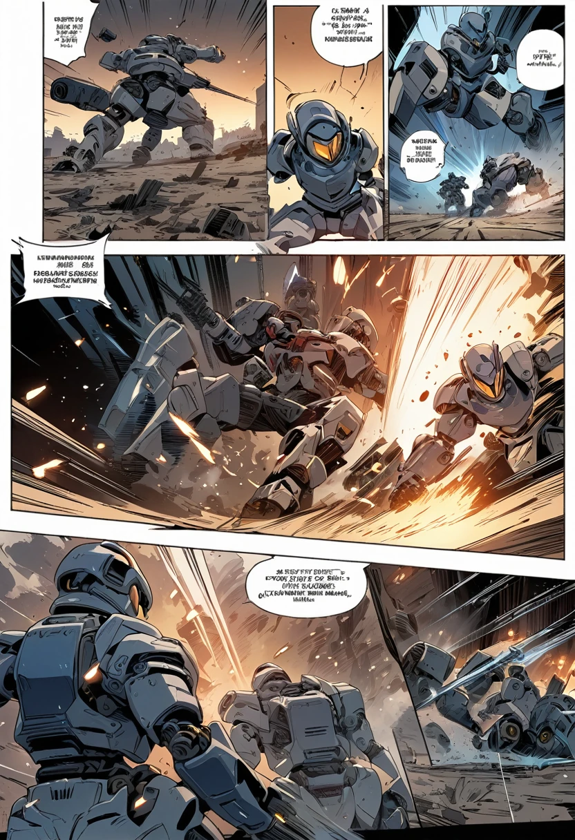 masterpiece, best quality, extremely detailed, ((Manga comic style)), ((cartoon comic page)), Robots Fight