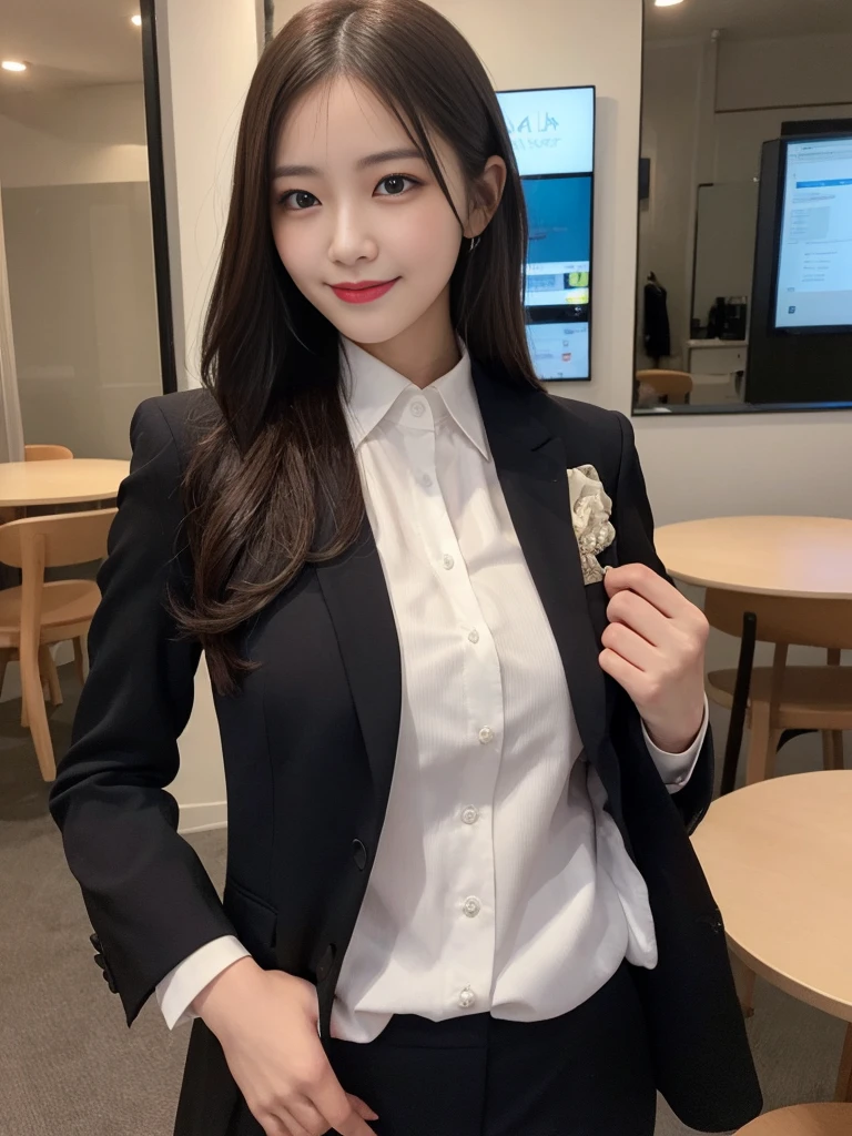 table top, highest quality, figure, super detailed, finely, High resolution, 8k wallpaper, Perfect dynamic composition, beautiful and fine eyes, sexly下着,bob hair, middle of chest, Natural color lip, ランダムでsexlyポーズ,smile,20 year old girl、Huge 、suit、suit jacket、sexly、nipple,Cowgirl