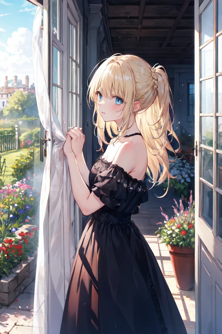 pretty girl, Open shoulder, Lace skirt, Blonde, From the side, Long Hair, look up, Disheveled Hair, window, curtain, sunlight, Shiny Hair, blue eyes, Curie, garden, Are standing