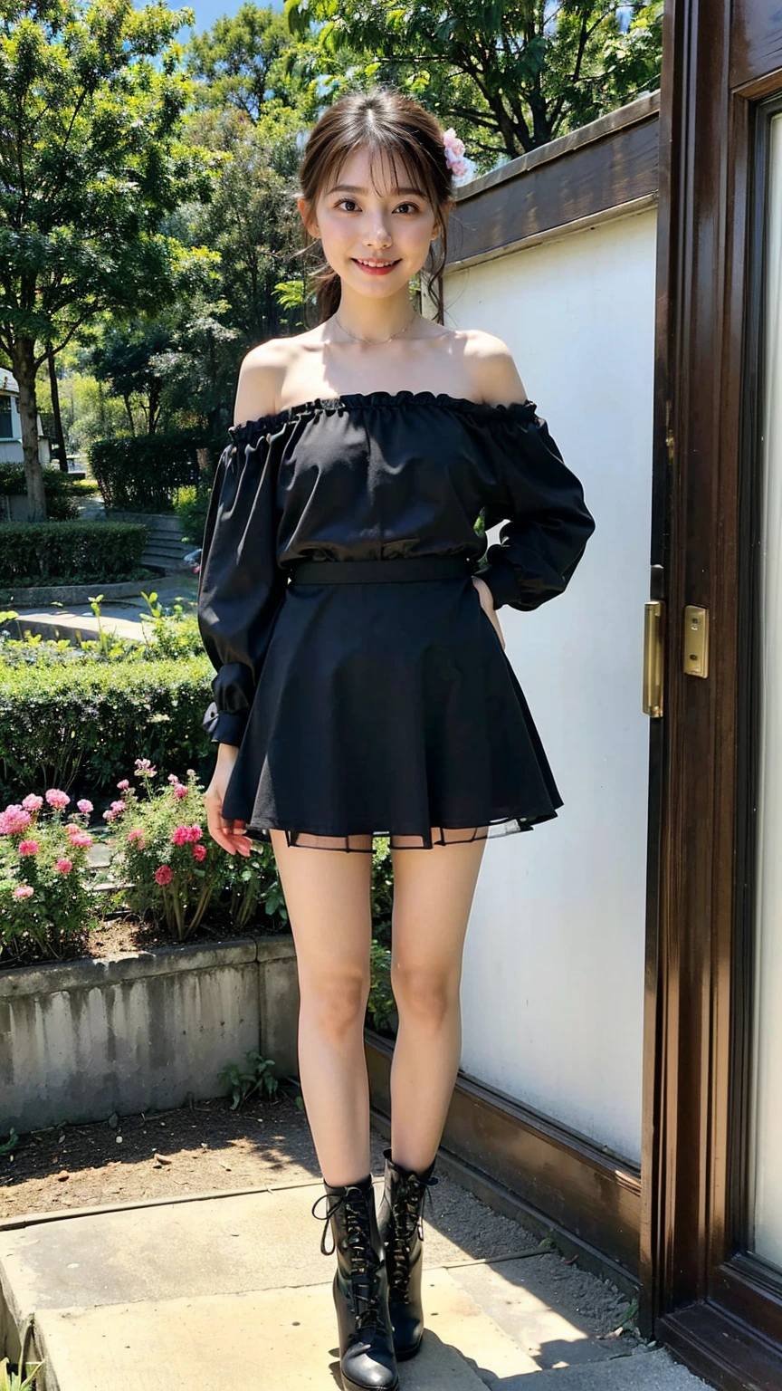 (8K、RAW Photos、Highest quality、masterpiece:1.2)、(Highest quality、Realistic)、1 Girl、((Frills、See-through、Off the shoulder、tights、pink and black mini skirt、Thin legs、whole body、boots、garden、View from the front、Looking into the camera、Ribbon Idol Costume、、Stand with hands on hips))、cute