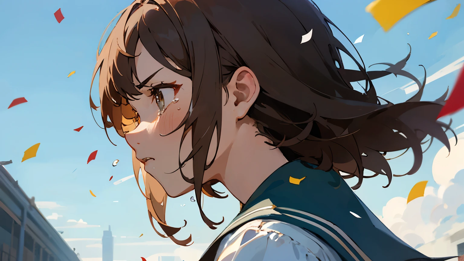((Highest quality)), ((masterpiece)), ((Very detailed)),Girl,Angry expression,Confetti,Brown Hair,Blue sky and clouds,Tears on my cheeks,profile,student,School building