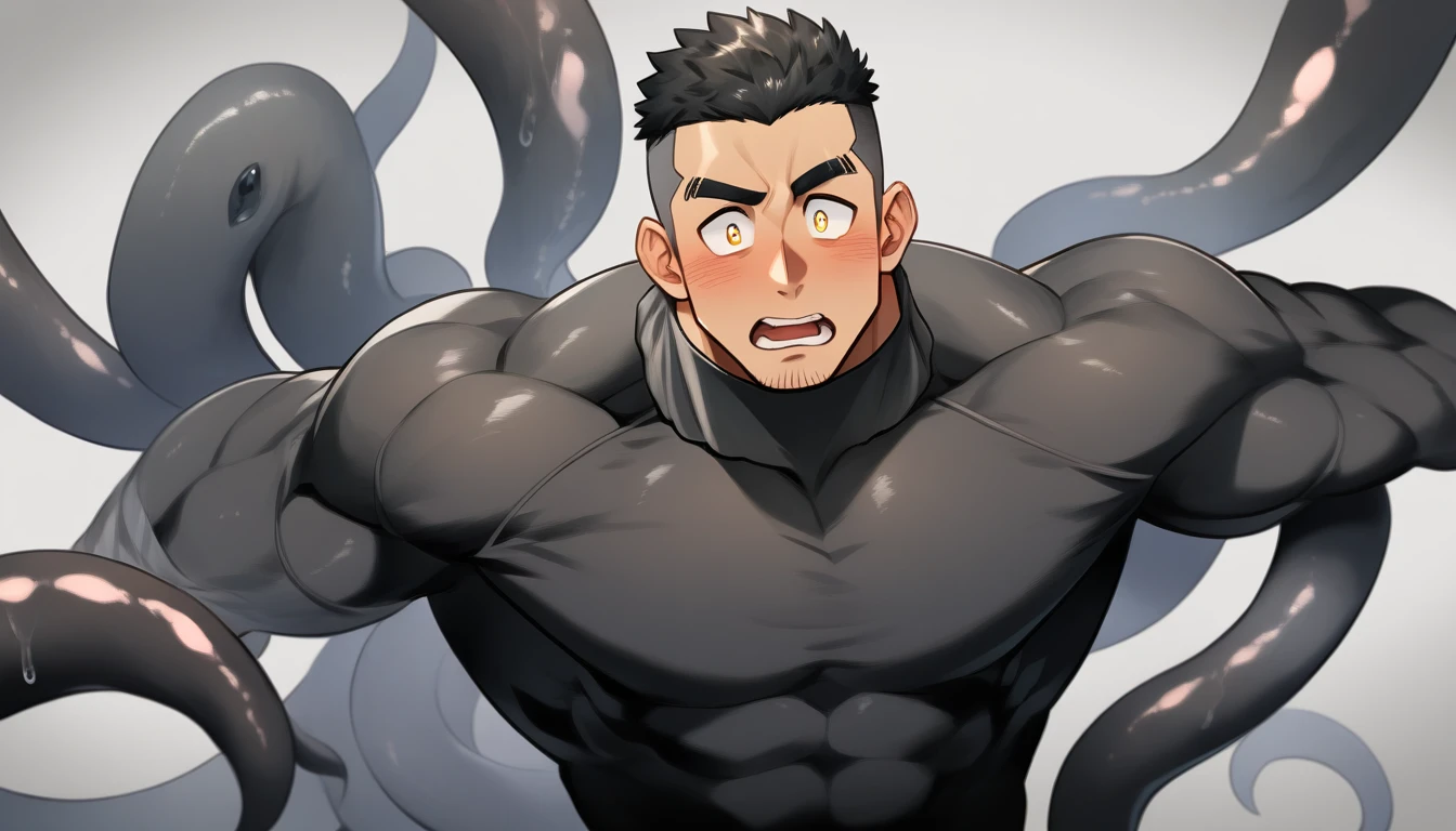 anime characters：Superhero in tights, negro black skin, He was entangled by a large number of thick black tentacles, Very stout, Lots of mucus, Wrap around the neck, Tightly tied, Manliness, male focus, Yellow and black high collar long sleeve tight T-shirt, Slightly transparent material, Very tight, Round, full and perky chest muscles, Male dog waist, Slightly transparent, muscular male, muscular, only, Upper body, alone, Black short hair, Thick eyebrows, stubble, Yellow eyes, Grey background, simple background, amazing quality, best aesthetics, Ridiculous, bright pupils, crew cut, parted lips, blush, open mouth, scared, drop shadow, best quality