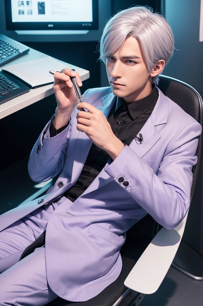 Cute and handsome
Silver hair
Purple eyes
Cyber-oriented lab
Dark future lab
Researcher
white coat
Chewing on a pen
Chewing on a ballpoint pen
contemplating
thinking
cartoon style illustration
sitting
black luxurious chair