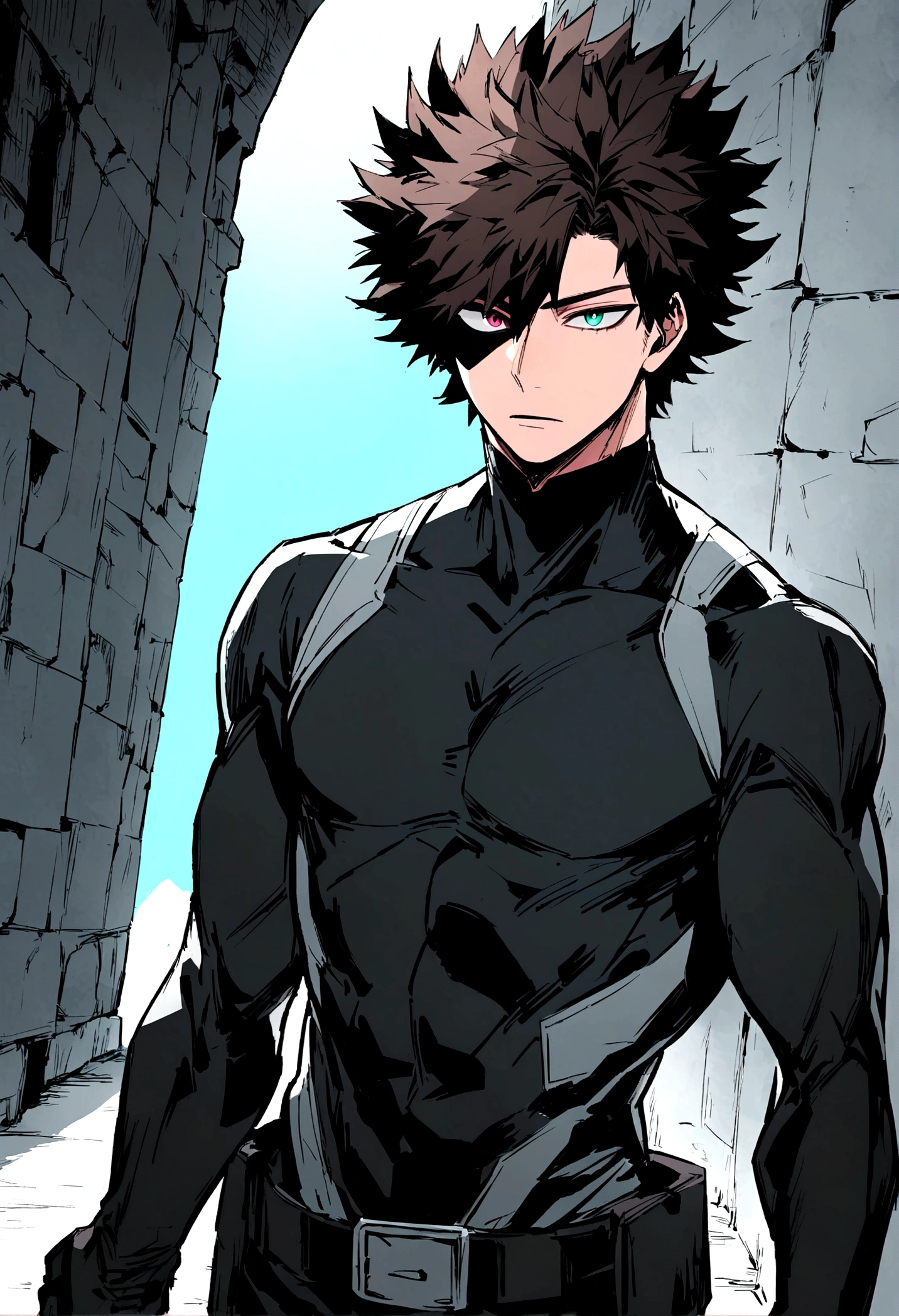 Boko no hero academia comics panel of a male. he has dark brown hair, and Heterochromia The first eye is black, the second color is gray eyes. he is a hero, he is wearing a black hero costume