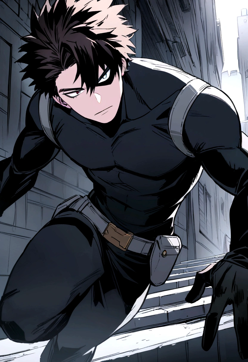 Boko no hero academia comics panel of a male. he has dark brown hair, and Heterochromia The first eye is black, the second color is gray eyes. he is a hero, he is wearing a black hero costume