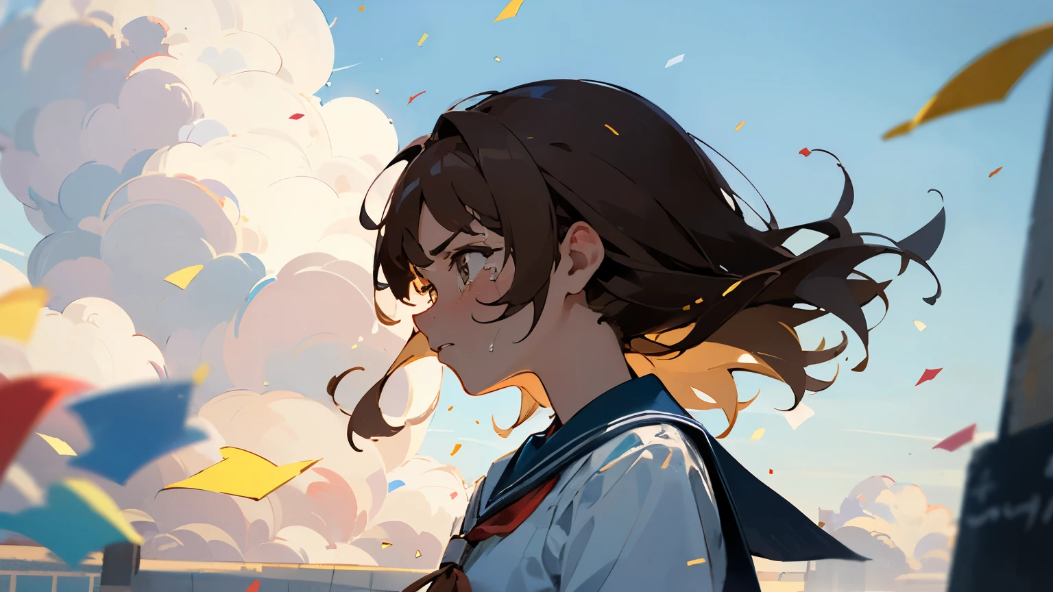 ((Highest quality)), ((masterpiece)), ((Very detailed)),Girl,Angry expression，Confetti，Brown Hair,Blue sky and clouds,Tears on my cheeks,profile,student,School building