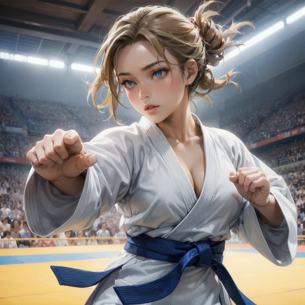  masterpiece, (textured skin), best quality, gorgeous beautiful girl, (a female judo athlete), detailed clothes,large breasts,narrow waist,, (beautiful face), cinematic lighting, (at judo venue ),