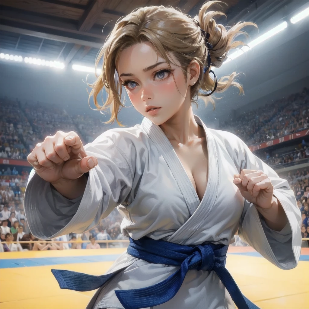  masterpiece, (textured skin), best quality, gorgeous beautiful girl, (a female judo athlete), detailed clothes,large breasts,narrow waist,, (beautiful face), cinematic lighting, (at judo venue ),