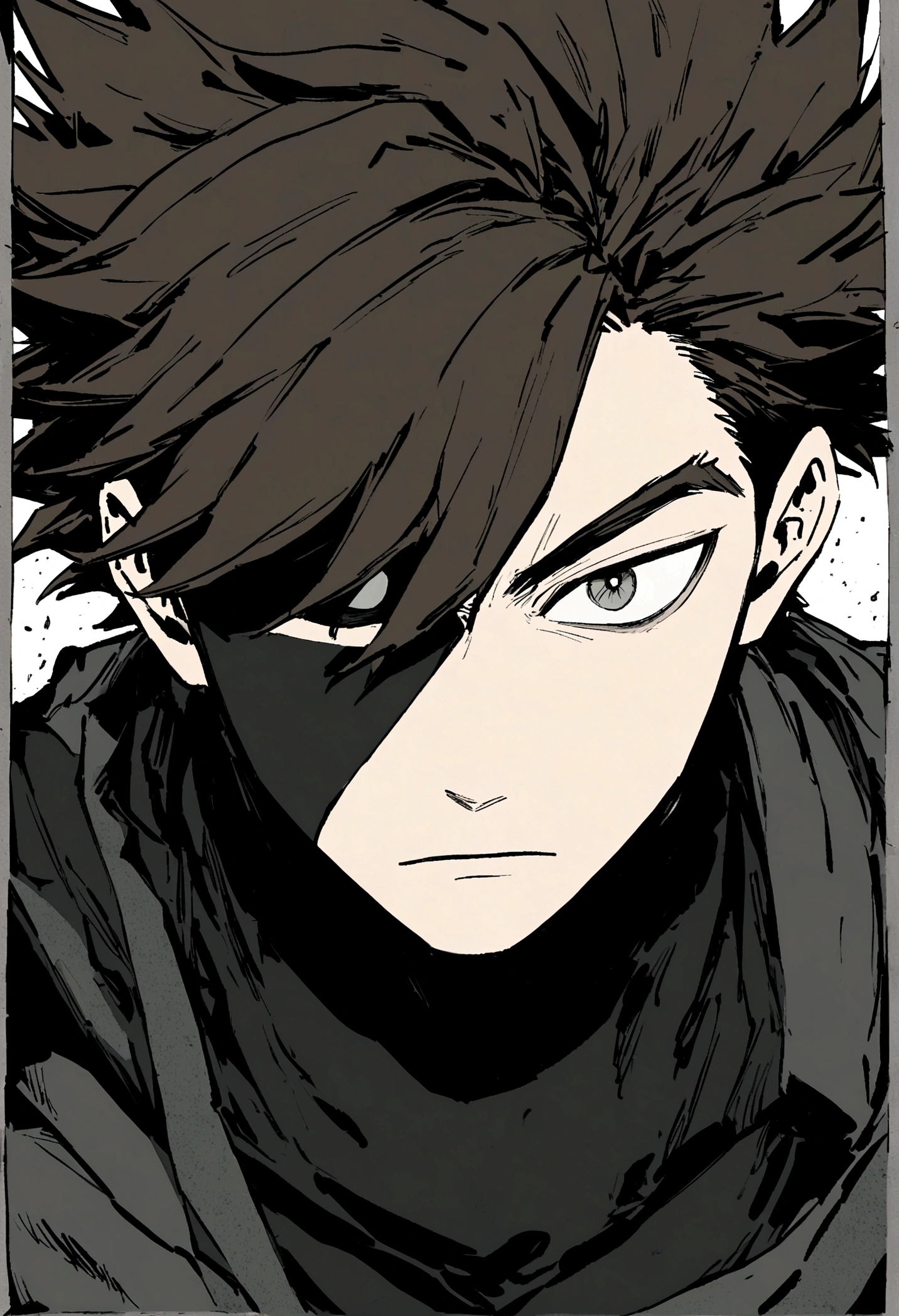 Boko no hero academia comics panel of a male. he has dark brown hair, and Heterochromia The first eye is black, the second color is gray eyes. he is a hero, he is wearing a black hero costume