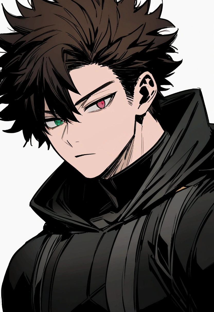Boko no hero academia comics panel of a male. he has dark brown hair, and Heterochromia The first eye is black, the second color is gray eyes. he is a hero, he is wearing a black hero costume