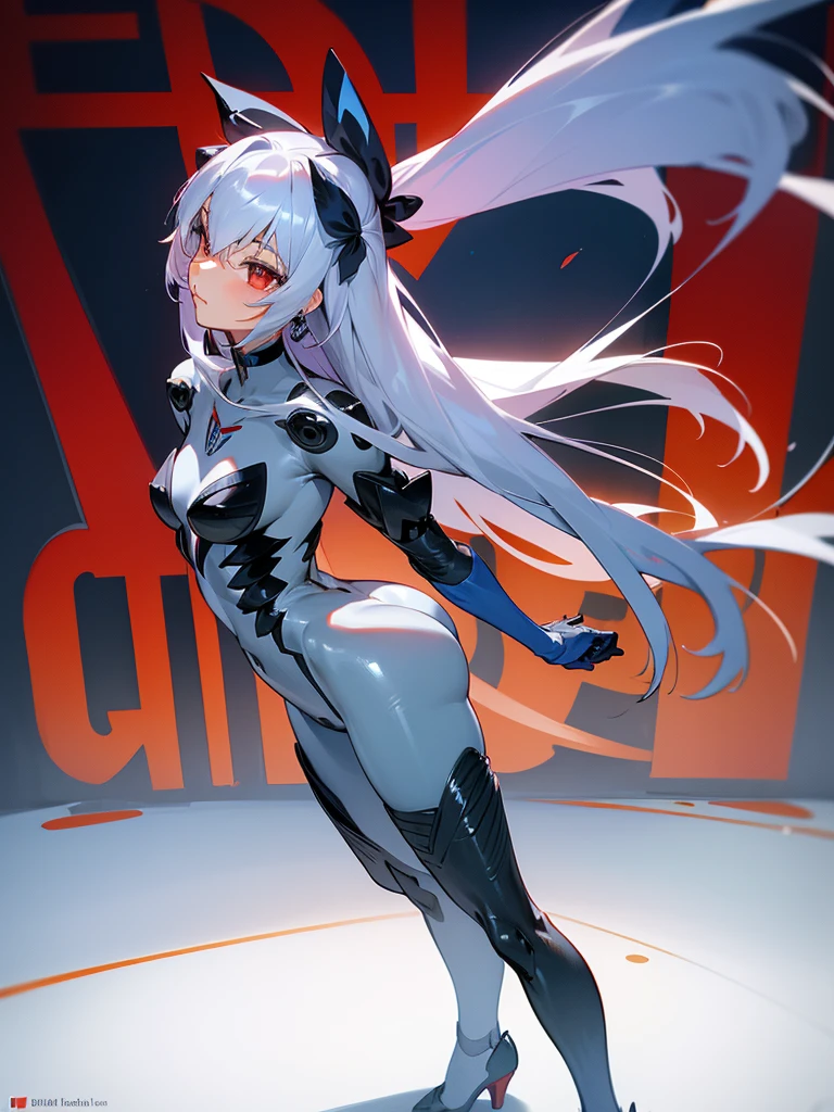 ((detailed), high_quality, master_quality, (realistic), standing, (back), arching_back 8k, masterpiece, (Tokarev), silver_hair, long_hair, red_eyes, sexy, slim_figure, (fortified_suit), bodysuit, (Cryska Barchenowa), high_heels, pistol_on_th_hip, dynamic_lightning, villain