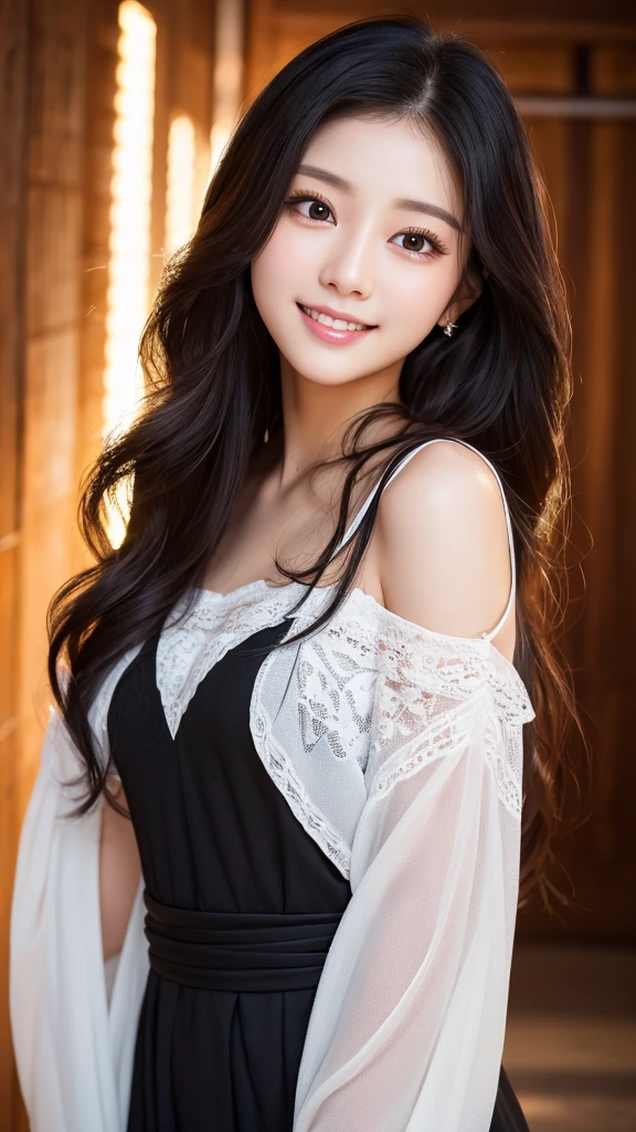 masterpiece、1 beautiful girl、Highest quality, High resolution, (reality: 1.4), Japanese、A Japanese person smiling with beautiful white teeth、Amazingly white, beautiful skin、thin、(Ultra-realistic)、(High resolution)、(8K)、(Very detailed)、(Beautiful attention to detail)、(Very detailedな)、(Detailed eye depiction)、Big eyes、Long eyelashes、Detailed face、Gloss Lip,Bright lighting、Professional Lighting、Standing and facing the camera、Look straight ahead、The whole body is shown、Long Hair、Black Hair、Curly Hair、Shooting studio scenery、Nogizaka idol、actress、20-year-old、Moist and realistic skin texture、Moist lips、