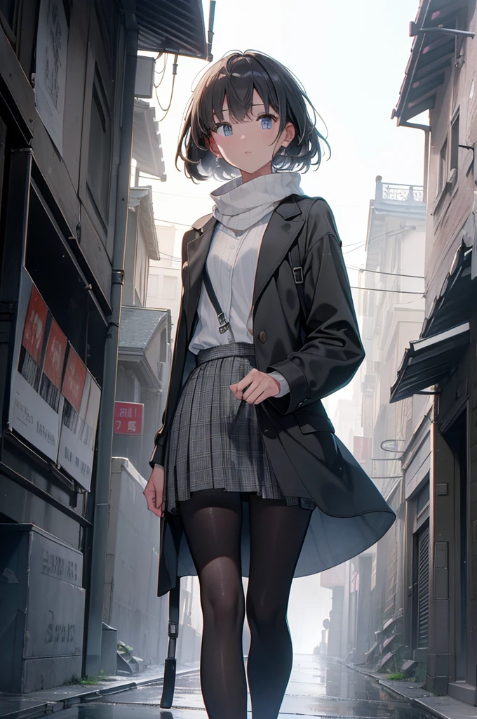masterpiece, quality, ultra high definition, highest resolution, Very detailed, professional lighting, gray light lighting、low angle from below、(Street view of the old city in 1980)、blow steam over the landscape、fog in landscape、it's foggy、Beautiful woman, a small face、white skinned、a very cute one、17 years old、bright smile、(black hair、childish、Round short)、(Off-shoulder white blouse、Ruffled tudent shoes)、Slender and long beautiful hip line、beautiful spine、Contract your back、toned waist、black underwear、JK black skirt 、tight pleated skirt、Hip line emphasizes dark brown eyes,Face a little red, beautiful、It's A cup、perfect hands、