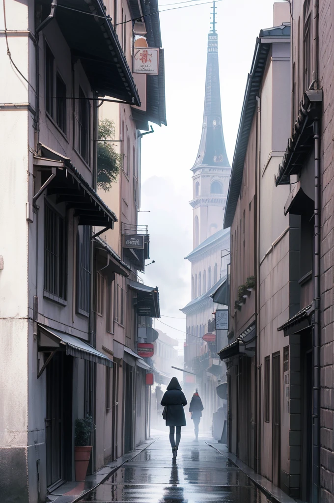 masterpiece, quality, ultra high definition, highest resolution, Very detailed, professional lighting, gray light lighting、low angle from below、(Street view of the old city in 1980)、blow steam over the landscape、fog in landscape、it's foggy、Beautiful woman, a small face、white skinned、a very cute one、17 years old、bright smile、(black hair、childish、Round short)、(Off-shoulder white blouse、Ruffled tudent shoes)、Slender and long beautiful hip line、beautiful spine、Contract your back、toned waist、black underwear、JK black skirt 、tight pleated skirt、Hip line emphasizes dark brown eyes,Face a little red, beautiful、It's A cup、perfect hands、