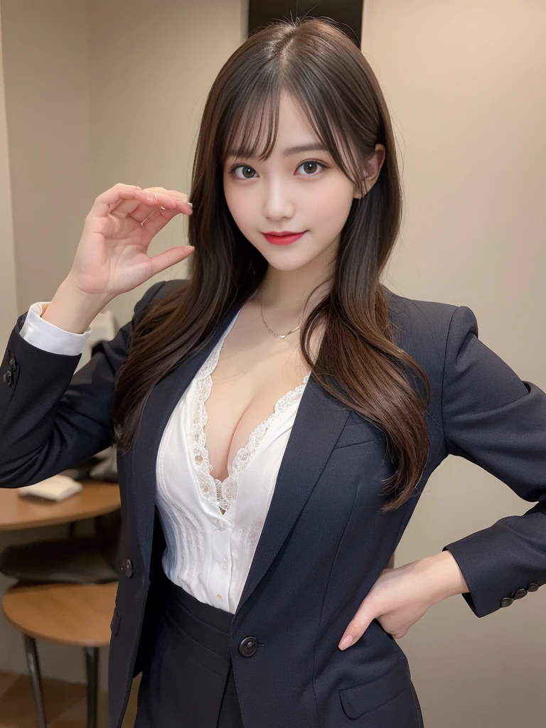 table top, highest quality, figure, super detailed, finely, High resolution, 8k wallpaper, Perfect dynamic composition, beautiful and fine eyes, Sexy underwear,bob hair, middle of chest, Natural color lip, Random sexy poses,smile,20 year old girl、Huge 、suit、suit jacket、sexly、nipple,Cowgirl