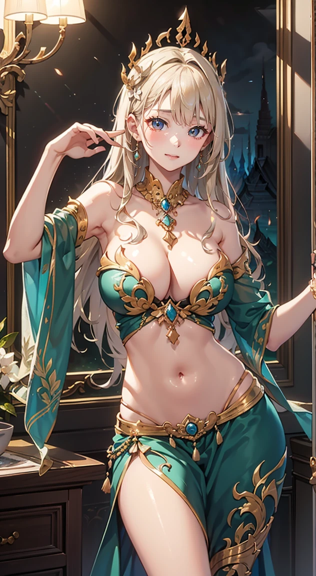 {{{{Masterpiece}}}}, {{{Awesome details}}}, {{{HD}}}, {{good anatomy}}, (((best quality))), ((Very delicate and beautiful)), {{Very detailed and neat.}}, {8k cgi wallpaper}, {{Enlightenment}}, (Traditional strapless Thai dress that is not too late.:1.2),Blonde,blue eyes,Ruffle,Transparent lace,beautiful accessories,Beautiful pattern,dress nicely,legendary crown,See through transparent clothes,There are a small amount of dark blue-white stripes.,Beautiful and delicate face,Bedroom scenes in western legends,nighttime,light,nighttime,Only one person.,(Flow skirt:1.1),Attractive pose, big breasts,Show your breasts,The cracks are clear...,((big tits)),(pubic bone), rift, visible chest, I see bulging nipples.,Navel drive,dance,dance