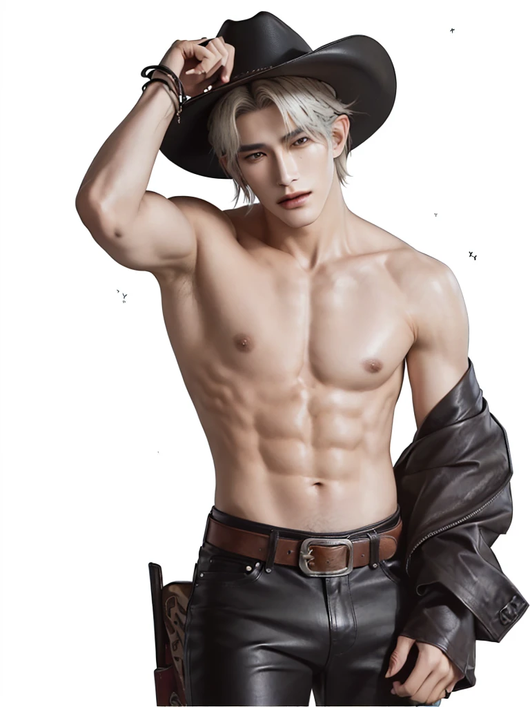 there is a man with a cowboy hat and leather pants, xqc, cai xukun, sakimichan, south korean male, shirtless, sakimichan frank franzzeta, handsome anime pose, tarot card of a shirtless cowboy, taejune kim, v from devil may cry as an elf, with abs, by Yang J