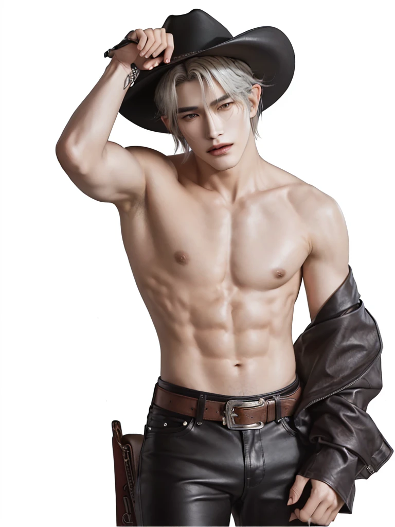 there is a man with a cowboy hat and leather pants, xqc, cai xukun, sakimichan, south korean male, shirtless, sakimichan frank franzzeta, handsome anime pose, tarot card of a shirtless cowboy, taejune kim, v from devil may cry as an elf, with abs, by Yang J