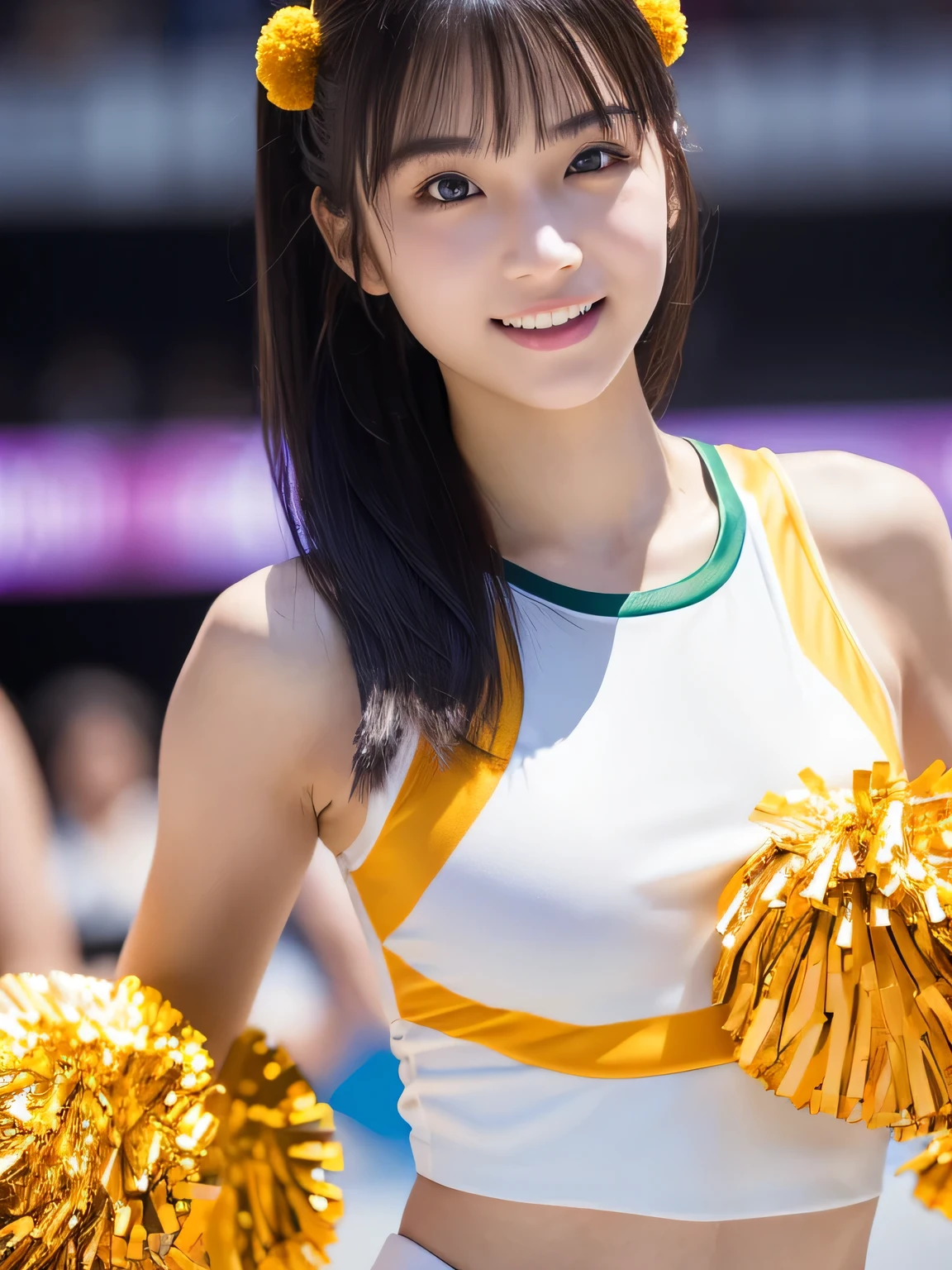 (Holding a pompom:1.3), (Strike a pose:1.3), (beautiful girl:1.3), (17 years old), (Highest quality:1.4), (Very detailed), (Very detailed美しい顔と目), (Sweat:1.2),Symmetrical eyes, (Dance 1.5), (Look Away:1.5), (Cheerleader Costumes:1.3), smile, Open your mouth, White skin, Great face, iris, Short Bob Hair, (Skinny body type:1.2), (Flat Chest:1.2),Smooth, Very detailed CG synthesis 8k wallpaper, High-resolution RAW color photos, Professional photography, Light, BackLight, dream-like, impressive, Written boundary depth, Basketball court,There are some cheerleaders behind me., Cowboy Shot, (Close-up of face:1.2)