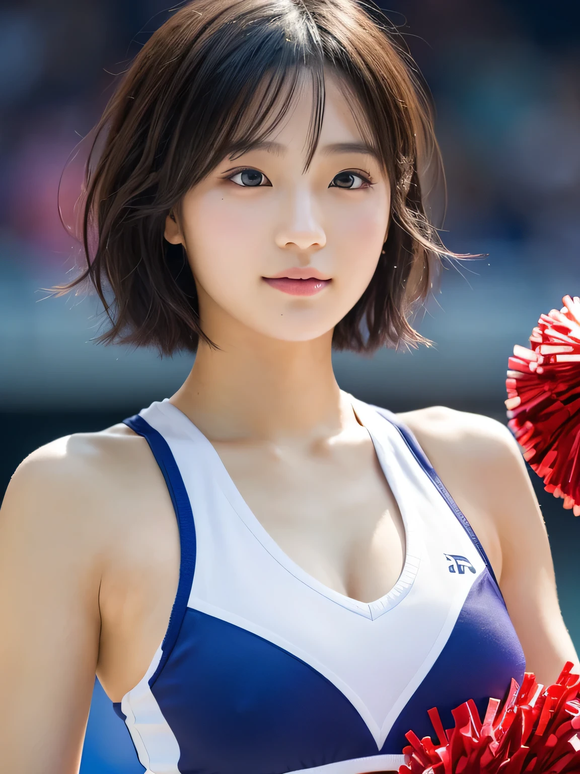 (Holding a pompom:1.3), (Cheerleader:1.2), (beautiful girl:1.3), (s old), (Highest quality:1.4), (Very detailed), (Very detailed美しい顔と目), (Sweat:1.2),Symmetrical eyes, (Dance 1.5), (Look Away:1.5), (Cheerleader costumes:1.3), smile, Open your mouth, White skin, Great face, iris, Short Bob Hair, (Skinny body type:1.2), (Flat Chest:1.2),Smooth, Very detailed CG synthesis 8k wallpaper, High-resolution RAW color photos, Professional photography, Light, BackLight, dream-like, impressive, Written boundary depth, Basketball court,There are some cheerleaders behind me., Cowboy Shot, (Close-up of face:1.2)