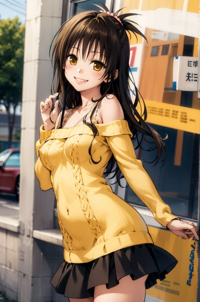 1girl,solo,yuuki mikan,, smile,brown hair,, (best quality:1.3),1girl,outdoor,,,nsfw,cowboy shot,,off shoulder,miniskirt,(((gyaru))),grin,sweater dress