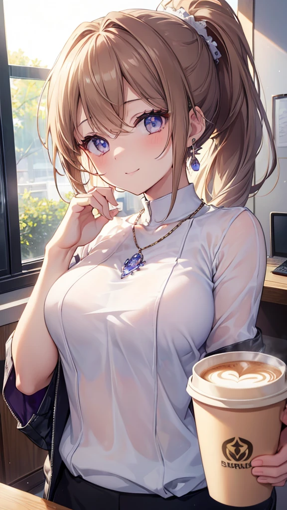 ((masterpiece)), ((Highest quality)), (Very detailed), ((cute)), cute, (Lovely), ((sexy)), (device), ((Very detailed)), 4K, (8K), Highest quality, (beautiful), Anime Style, Upper Body, Focus on the face, Whole body concentration, office, computer, morning, a cute girl, 1 Girl, alone, suit, beautiful light brown hair, beautiful purple eyes, ((beautiful eyes)), White skin, ponytail, Transparent Hair, Translucent hair, Big Breasts, Earrings, necklace, cup, coffee, A light smile, Lens flare, Reflection effect,Super mini clothes,