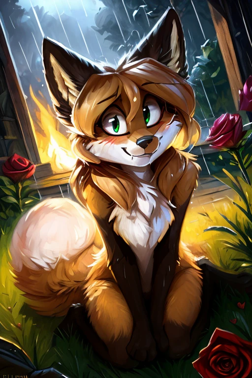 uploaded to E621, by kenket, by Kilinah, by Einshelm, by fluff-kevlar, by foxovh, beautiful and detailed portrait of an anthropomorphic vixen ((female))), (detailed averi), (detailed lighting), (detailed fur), (detailed breasts), BREAK, (cinematic lighting), ((detailed background)), ((depth of field)), (half body shadow), ((looking at viewer)), [backlighting], [detailed ambient light], [ambient light on the belly], [realistic proportions], [explicit content, adult, nsfw], [sharp focus], (questionable content), (shaded), (hi res), ((masterpiece)), (Averi, Fox girl), (anthro, fluffy fur), anthro fox girl, body fur, curvy, sexy, nice, cute, hot, (Averi, Fox girl), green eyes, solo, blushing, flat chest, chest fluff, speech bubble, heart, hearts, shy, coy smile, smile, fangs, exclamation mark, tail tip emanating magnificent magical fire, scarlet fire encircling the tail tip, fiery tail tip, flames emanating from magical fox tail, magical tail fire, fire fox tail, foxfire, on knees, top view, looking up at viewer, raining, wet fur, grass, holding rose in mouth, romantic