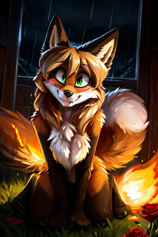uploaded to E621, by kenket, by Kilinah, by Einshelm, by fluff-kevlar, by foxovh, beautiful and detailed portrait of an anthropomorphic vixen ((female))), (detailed averi), (detailed lighting), (detailed fur), (detailed ), BREAK, (cinematic lighting), ((detailed background)), ((depth of field)), (half body shadow), ((looking at viewer)), [backlighting], [detailed ambient light], [ambient light on the belly], [realistic proportions], [explicit content, adult, nsfw], [sharp focus], (questionable content), (shaded), (hi res), ((masterpiece)), (Averi, Fox girl), (anthro, fluffy fur), anthro fox girl, body fur, curvy, sexy, n, cute, hot, (Averi, Fox girl), green eyes, solo, blushing, flat chest, chest fluff, speech bubble, heart, hearts, shy, coy smile, smile, fangs, exclamation mark, tail tip emanating magnificent magical fire, scarlet fire encircling the tail tip, fiery tail tip, flames emanating from magical fox tail, magical tail fire, fire fox tail, foxfire, on knees, top view, looking up at viewer, raining, wet fur, grass, holding rose in mouth, romantic