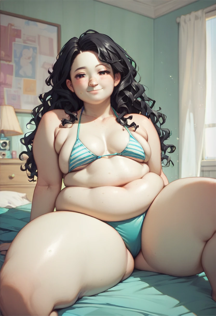 (1 girl:1.2) , (bikini apertado:1.2) , (thick thighs:1.1) , (sfw:1.2), (facing the camera:1.2) , (black hair:1) , wavy hair, low fat, flacid belly, (pale skin:1.2), whole body, (sentada:1.2), sentada sobre a cama, in bedroom, pose sensual, muito linda, beleza, (highres:1.2), 8k.