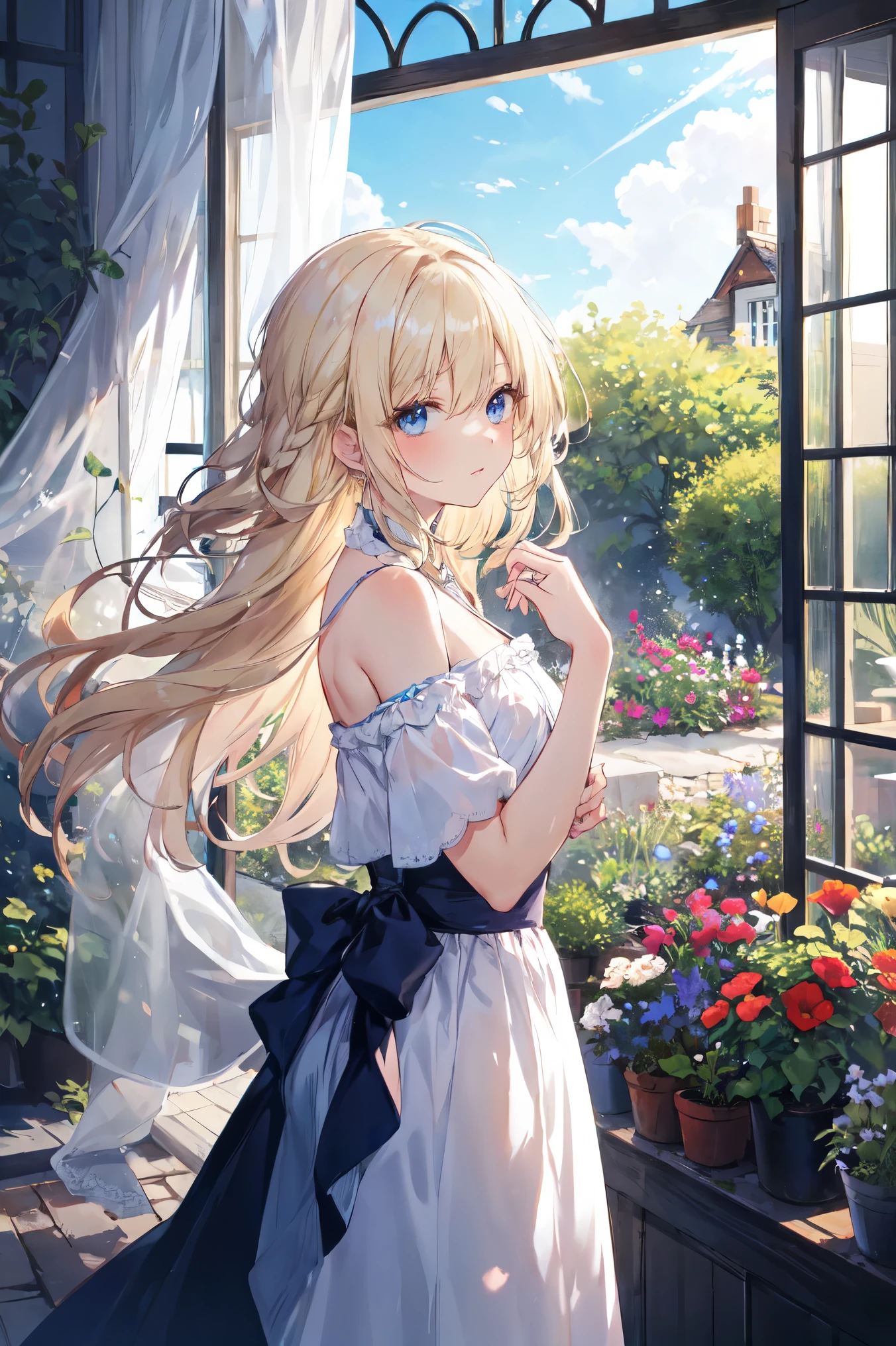 pretty girl, Open shoulder, Lace skirt, Blonde, From the side, Long Hair, look up, Disheveled Hair, window, curtain, sunlight, Shiny Hair, blue eyes, Curie, garden, Are standing