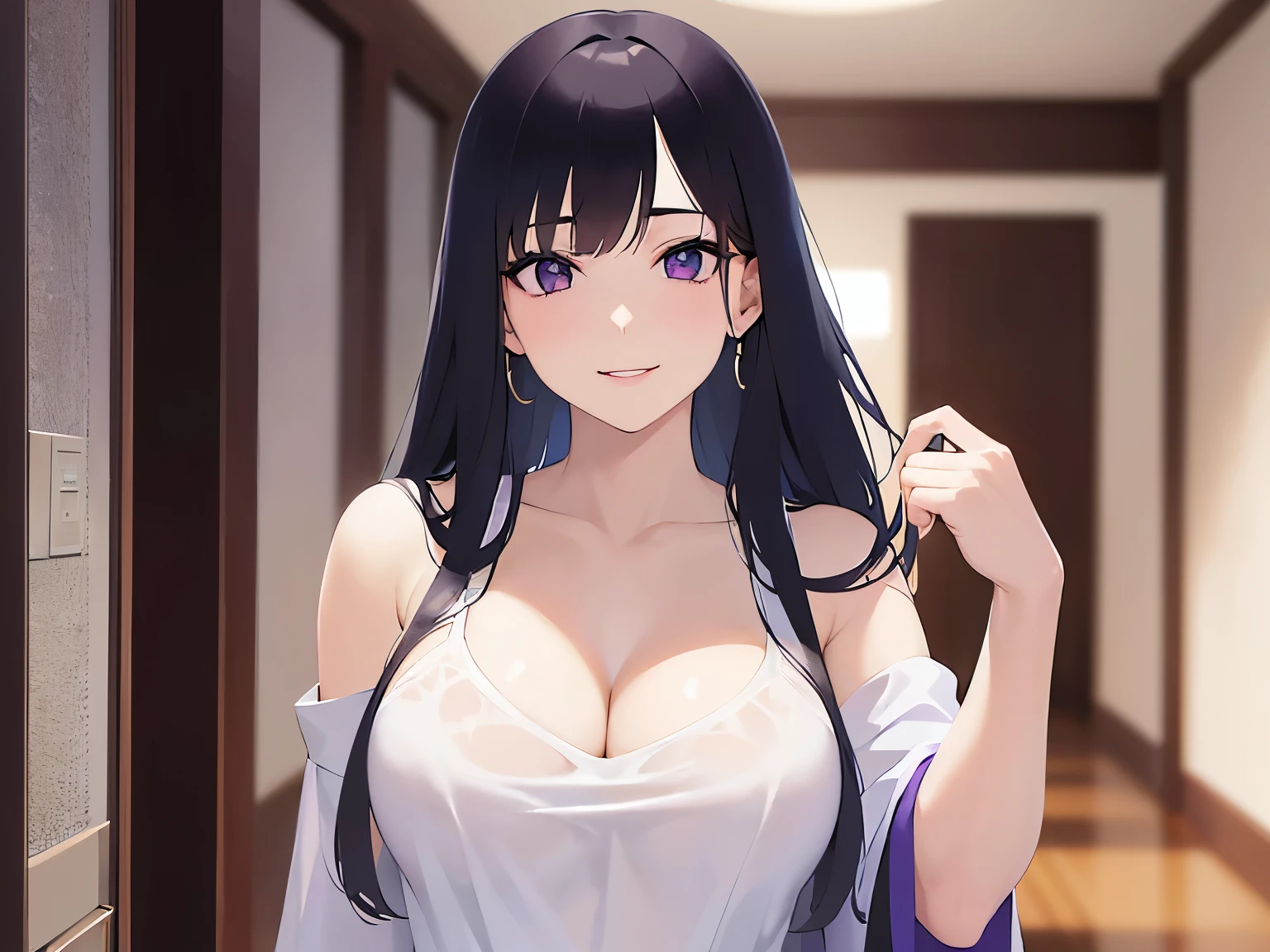 Cleavage,Upper Body,Realistic,real person,(pale skin: 1.2),RAW photo,photorealistic,shiny skin,shiny hair,(A 25-year-old woman with straight hair and bangs)and(medium hair)and(black hair)and(purple eyes),BREAK(white off shoulder blouse)BREAK,(smile:1.3),The background is the hallway of the house,Alone,arm up