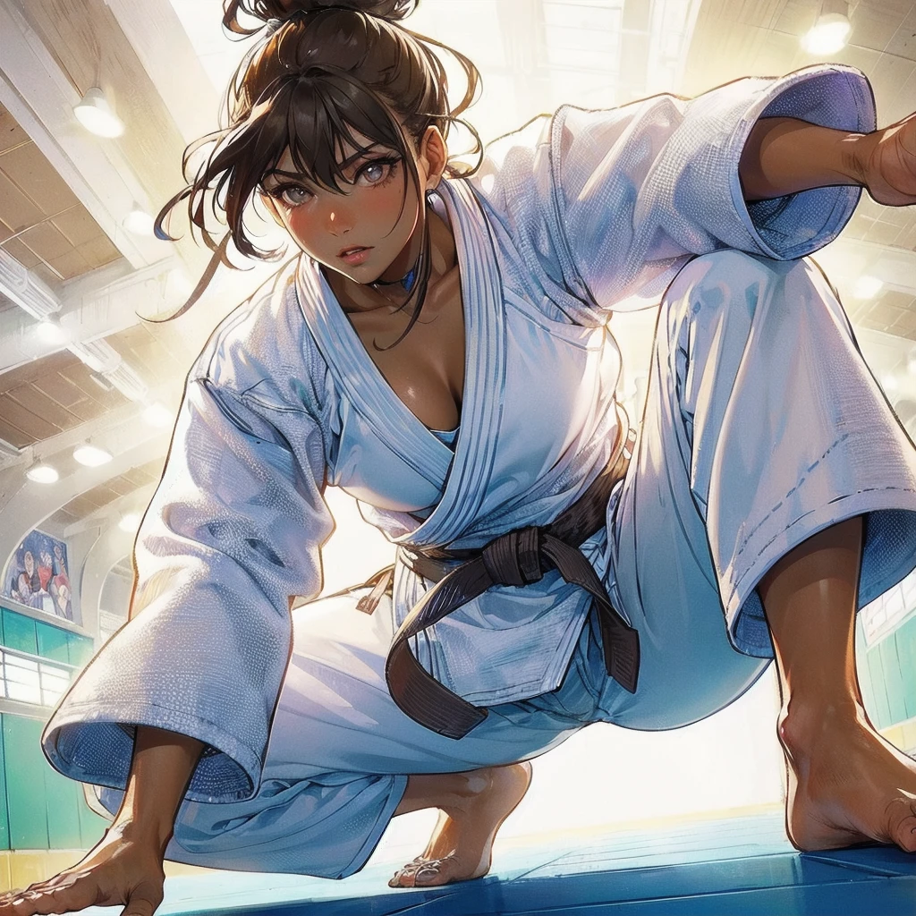 masterpiece, (textured skin), best quality, gorgeous beautiful girl, (a female judo athlete), detailed clothes,large breasts,narrow waist,, (beautiful face), cinematic lighting, (at judo venue ),