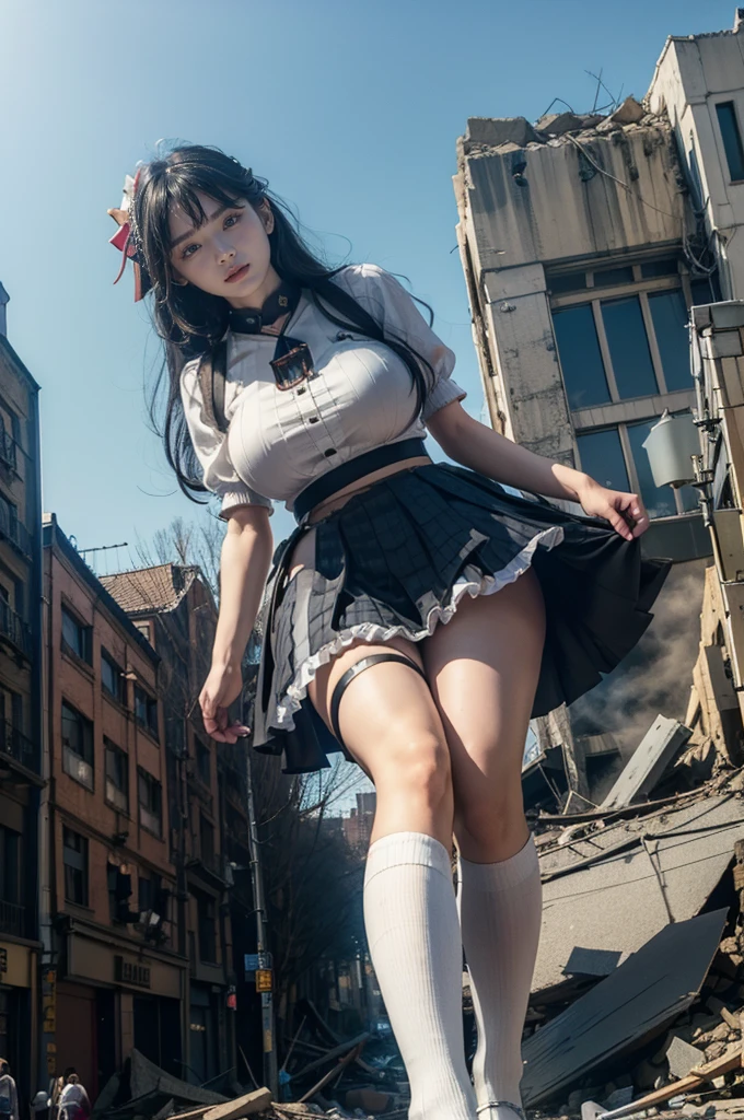 The building collapses、Urban hustle and bustle、Traffic jam、City of Rubble、street tree、((((Azur Lane Cheshire Cosplay))))、Frilled maid outfit、Super huge breasts、Plump thighs、Ground View，City of Giants,500 foot tall giant girl，skyscraper,Has super long legs,Step into the crowd，There are many people on the street,Knee-high socks，She has waist-length black hair，Wear Mary Jane heels，A happy look，Standing on the ruins，Beautiful appearance，Exquisite makeup，quality，8K，高quality，Perfect Proportions, Cinema Lighting，Film Grain，The Colors of Fuji，8K，Textured skin，Super Detail，High detail，high quality，High resolution，explode，False Smile,Show your pants