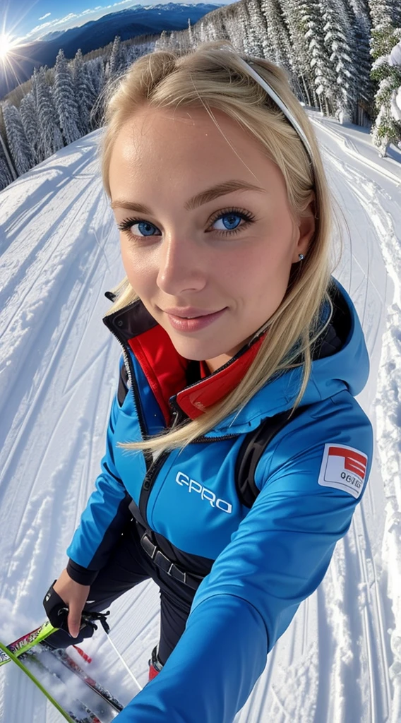 Go-Pro 4k wide angle selfie, Hot blonde with blue eyes, she's skiing while taking the selfie, the camera angle is pointing downwards at her face, she's kissing as a pose, she's wearing a full ski suit, she's the one taking the selfie, the camera POV is from the phone, you can't see the phone in the photo