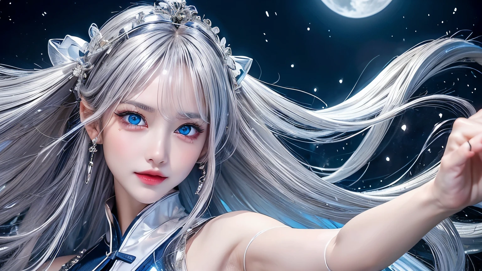 (logo, masterpiece, 8K, table top, RAW photo, wonderful, 最high quality, Photorealistic and hvery detailed CG integrated 8K wallpaper, high quality, very detailed, Narrative poem, particle effects, dynamic effects, written boundary depth, cinematic light, Lens flare, ray tracing)), fantasy, ((1 beautiful woman, clear blue eyes, Silver long hair, beautiful face, real face, beautiful detailed eyes, beautiful skin, woman dancing gracefully:1.7, woman dancing gracefully:1.7)), long hairがwindでなびく, long hairが跳ねる, long hairがwindで踊る, hair jump, jewelry, tattoo, Hanfu, chinese fairy, taoist uniform, silver earrings, ((night, wind, darkness, full moon, Night Sky, Snow and hoarfrost, very cold winter day, snow-capped mountainや森, hoarfrost, snow-capped mountain々, The beauty and brilliance of frost-covered trees, The tranquility and beauty of a world of ice and snow)), hip up, beautiful eyes, long hair, ring-shaped eyes